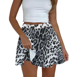Women's Mini Skater Skorts Skirts - High Waisted Summer Y2K Pleated Flowy Athletic Flare Skirt with Shorts Underneath (Leopard Grey), M