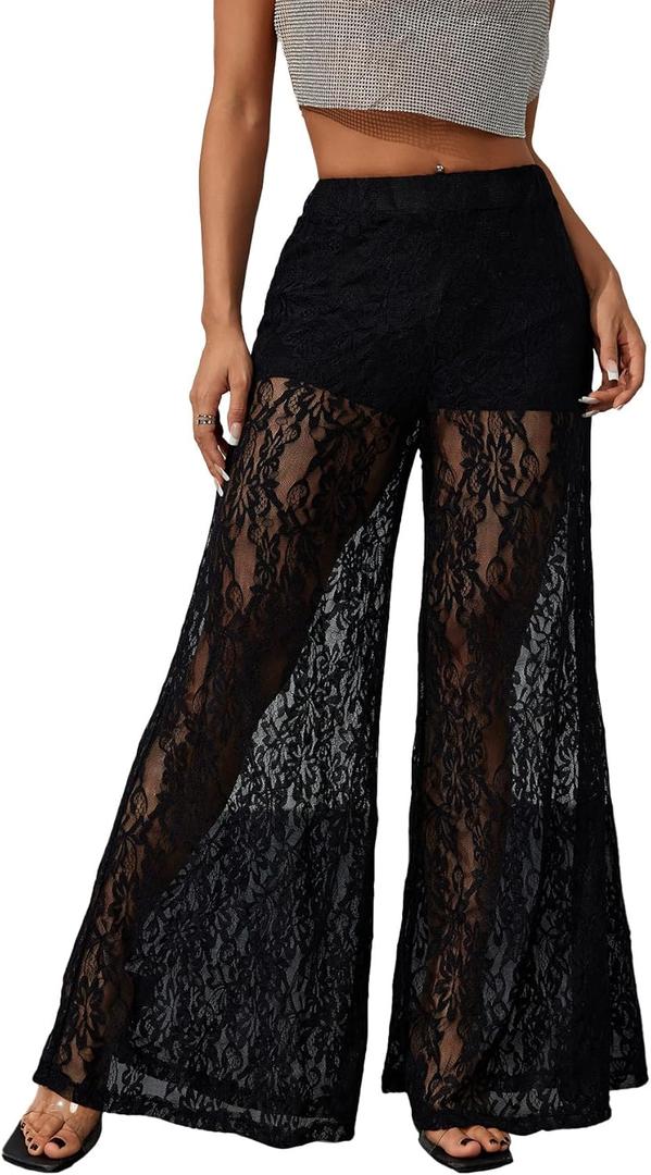 OYOANGLE Women's Lace Sheer Elastic Waist Wide Leg Pants See Through Long Trousers Party Clubwear (Large, Black)