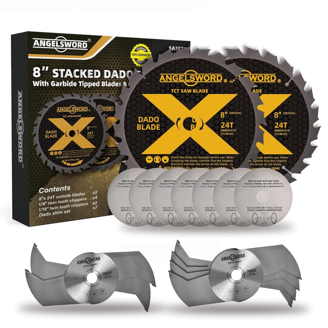 ANGELSWORD 8" Stacking Dado Blade Set for Fine Finished Dados, Grooves, and Rabbets, 5/8" Arbor, 15 Pieces