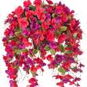 Artificial Fake Hibiscus Hanging Flowers Baskets for Outdoor Decoration, Faux Plants Silk Hibiscus Long Vines in Planter UV Resistant Realistic Flowers for Outside Porch Patio Home Decor, RedPurple
