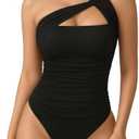 MANGOPOP Women's Asymmetrical One Shoulder Thong Bodysuits Mesh Ruched Backless Body Suit Sexy Going Out Tops XL