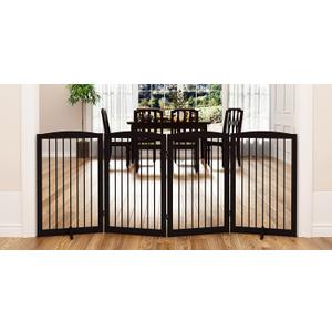 Freestanding Pet Gate for Dogs, Indoor Wooden Foldable Dog Gate for House, Doorway, Stair, 80 Inch Wide, 4 Panels 32",Brown