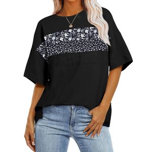 EVALESS Oversized Tshirts for Women Trendy Summer Crochet Tops 2025 Crewneck Short Sleeve Shirts Floral Print Tee T Shirts L