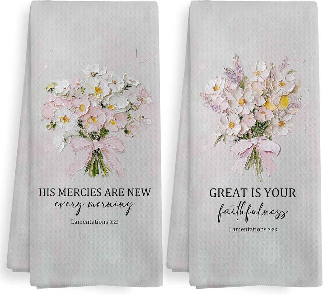 Christian Tea Towel, Wildflower Bible Verse Scripture Decor Dish Hand Towels for Bathroom Kitchen, Pink Vintage Christian Floral Decorative Kitchen Towels and Dishcloths Sets of 2, 16x24Inch
