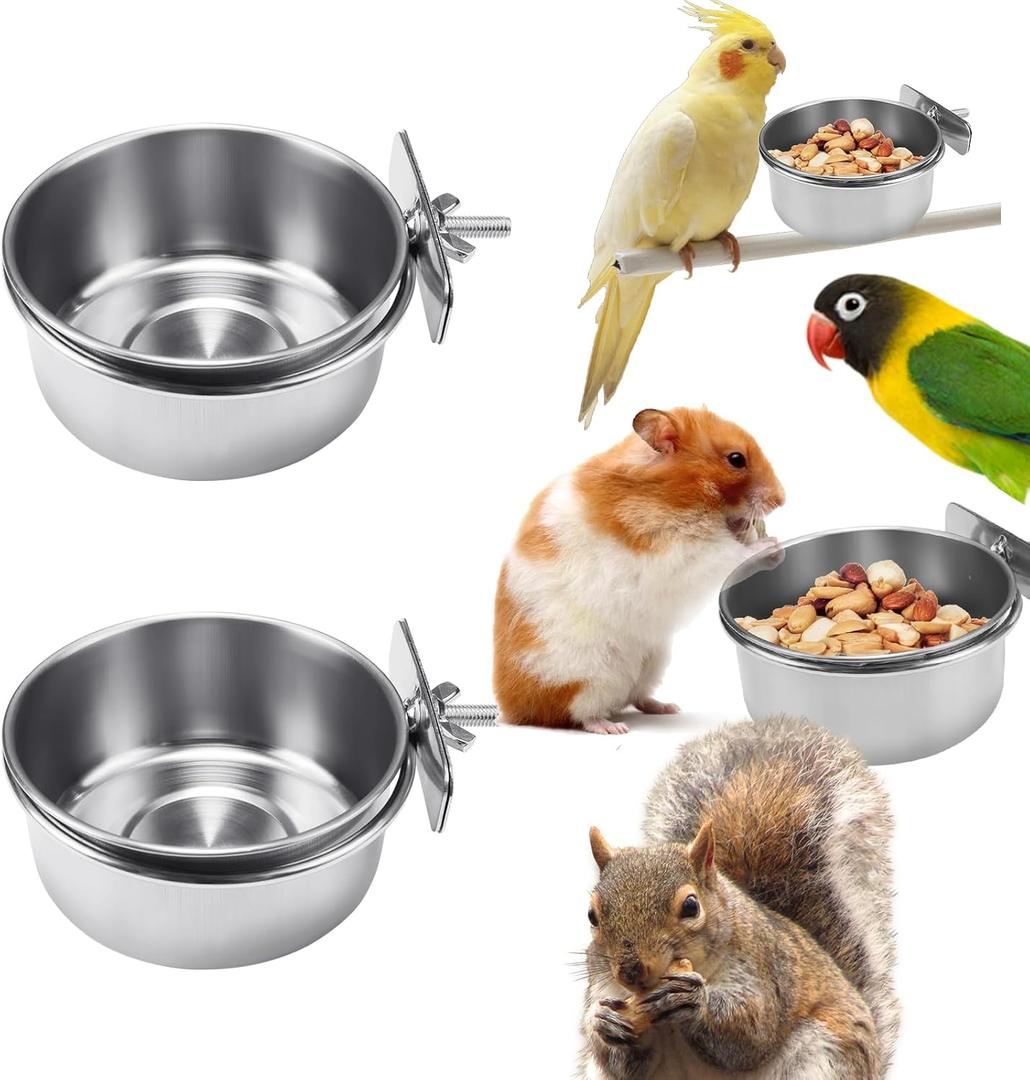2 Pack Stainless Steel Bird Food Bowls with Clamp - Rust Proof Metal Feeding Cups for Parrot Cage, Easy Clean Water Dish for Cockatiel Conure Budgie Parakeet Small Animal (3.9 Inch, Silver)