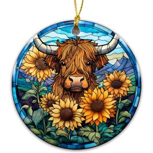 2 x Highland Cow Ornament 2025 with Sunflowers  Rustic Farmhouse Ornament, Scottish Cow Christmas Tree Decoration, Country Animal, Farm Lover Home Dcor, Countryside Rustic Keepsake