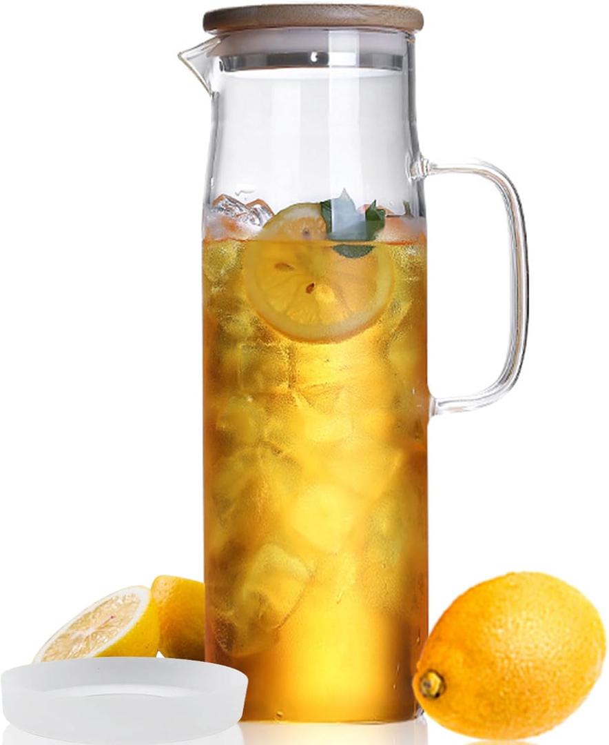 Hjn Glass Water Pitcher with Lid Glass Carafe with Handle, Fridge Water Jug for Cold or Hot Beverages, Iced Tea, Milk, Juice 1500ml/51oz & bamboo lid