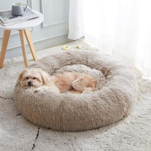 Calming Dog Bed & Cat Bed, Anti-Anxiety Donut Cuddler Warming Cozy Soft Round Bed, Fluffy Faux Fur Plush Cushion bed for Small Medium Dogs and Cats (24.0"L x 24.0"W x 8.0"Th, Brown)