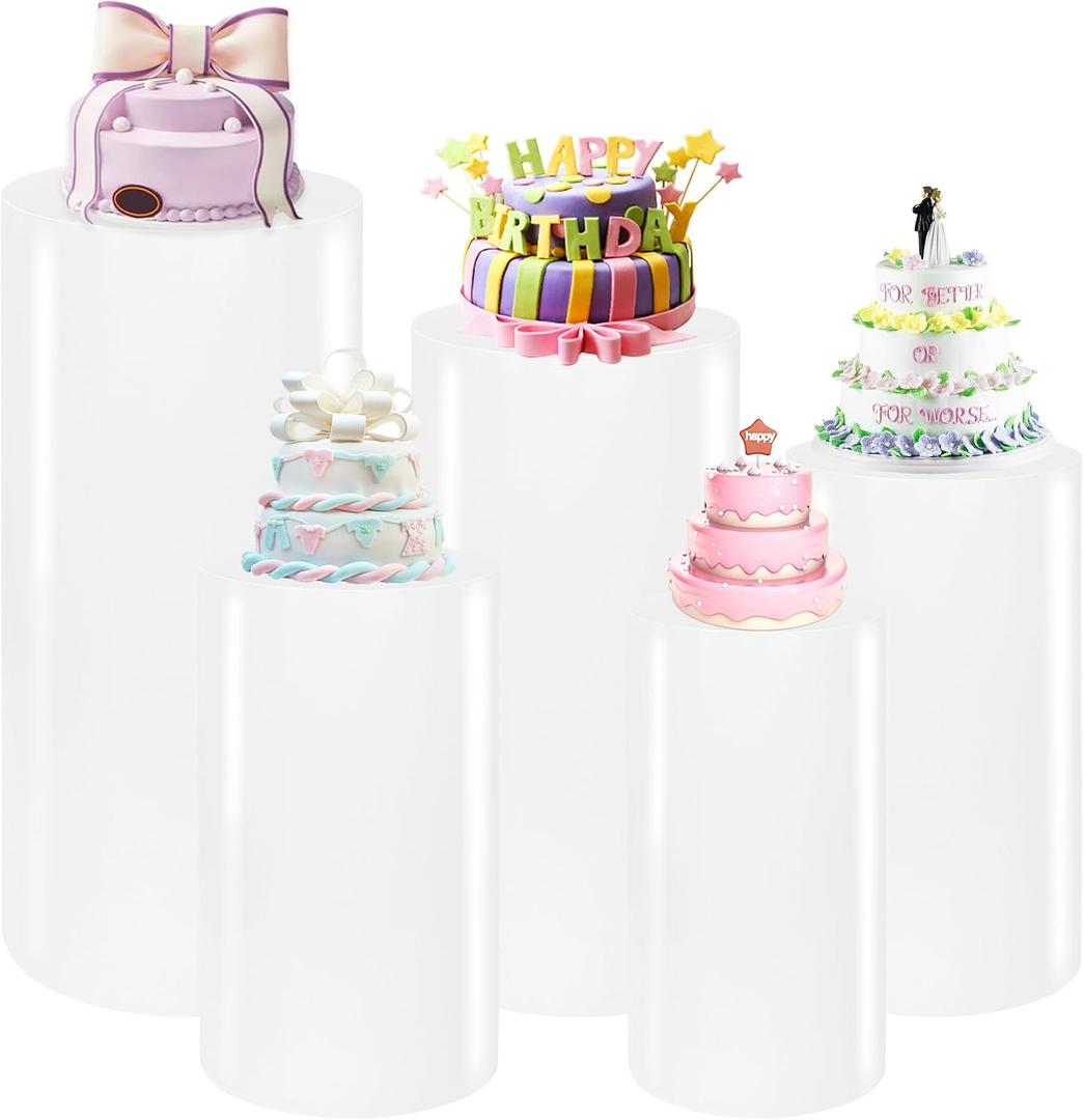 HAISIWLKJ Premium Cylinder Pedestal Stands, Set of 5 Reusable Metal Round Cylinder Plinths Dessert Table Display Pillars for Birthday Wedding Bridal Baby Shower Party Decorations (White)
