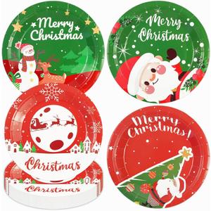 48 PCS Christmas Paper Plates, Disposable Xmas Dessert Plates Snowflake Plates Santa Claus Dinnerware for Merry Christmas Holiday Party Supplies