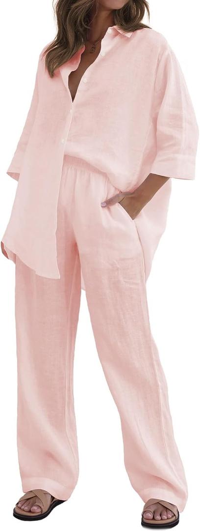 RAISECOM Women's 2 Piece Outfits Sets Button Down Half Sleeve Shirts and Long Pants Summer Casual Vacation Loungewear (Pink, S)