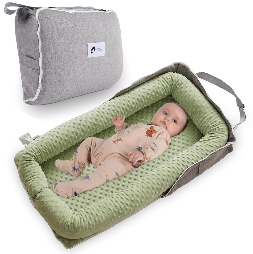 Joyful Journeys Baby Lounger Diaper Bag - Portable Baby Lounger Nest | Versatile Infant Lounger Bag & Diaper Organizer | Cozy Baby Lounger Nest for Convenience | Baby Shower Gifts (Green Minky)