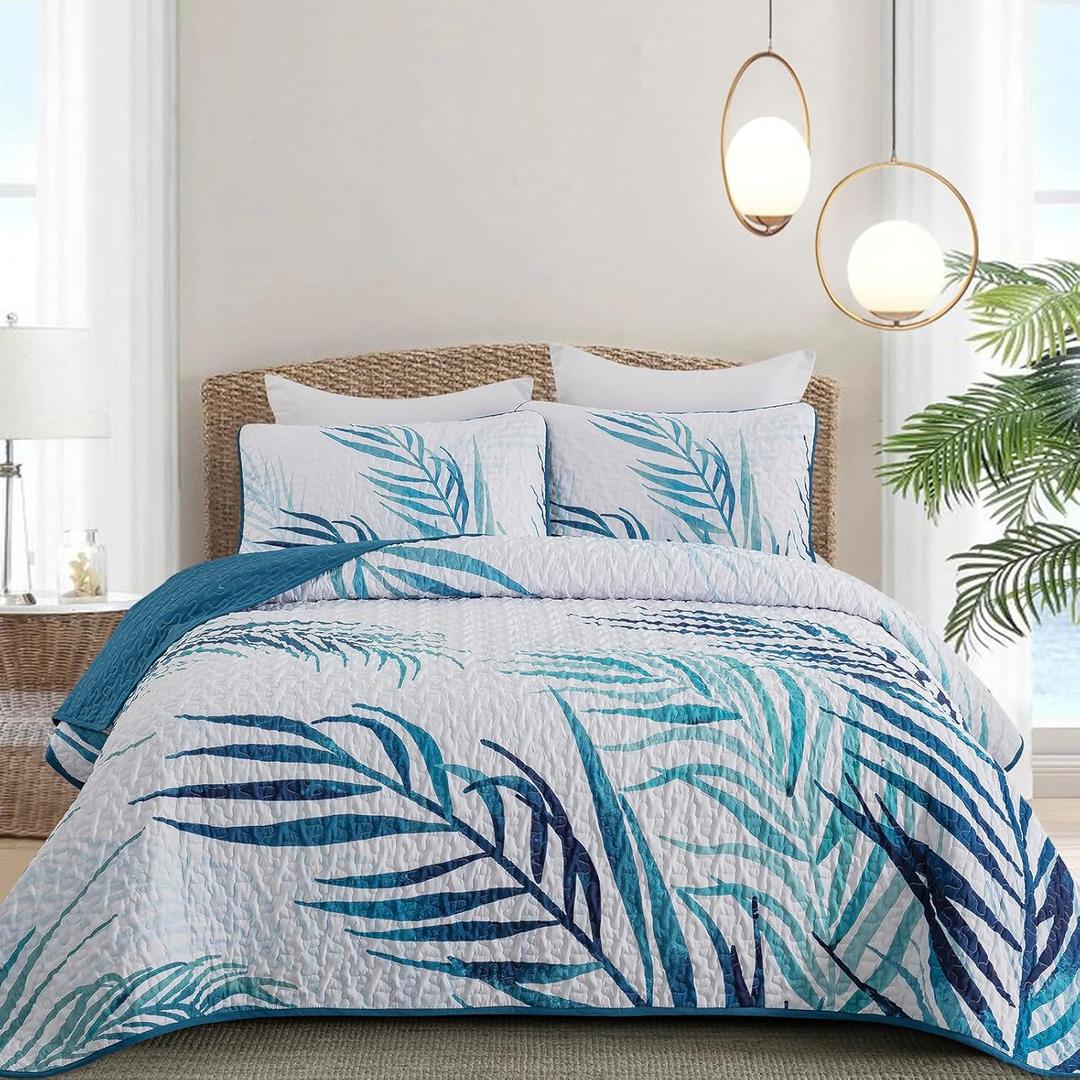 Botanical Quilt Set Queen,3 Pieces Teal Blue Palms Tree Bedspread Reversible Lightweight Soft Microfiber Navy Bedding Set with 2 Pillowcases for All Season(Queen,96"x90")