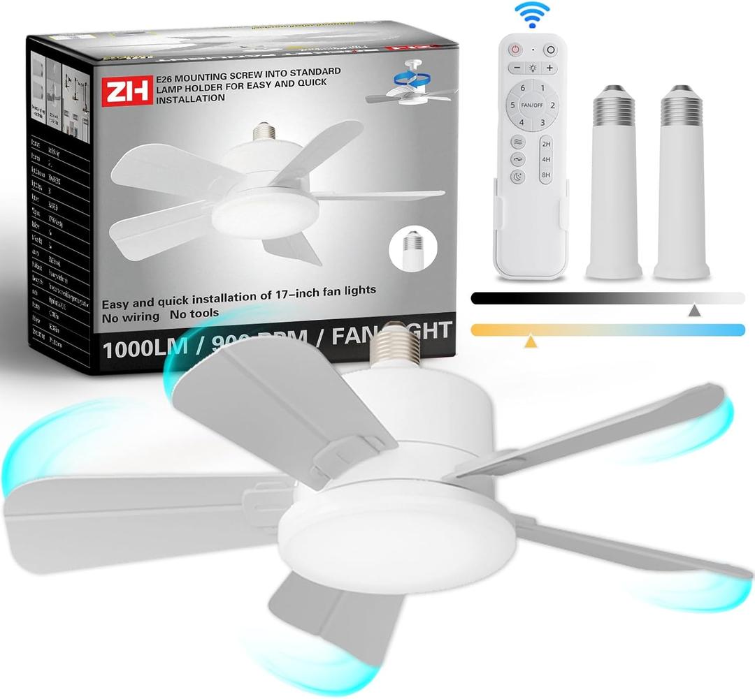 17" Socket Fan Light with Remote and 2 Socket Extenders, Wireless Screw in Ceiling Fans with Dimmable Lights, Up to 1200LM/6500K Light Bulb Fan for Kitchen Bathroom Garage Tool Room, White