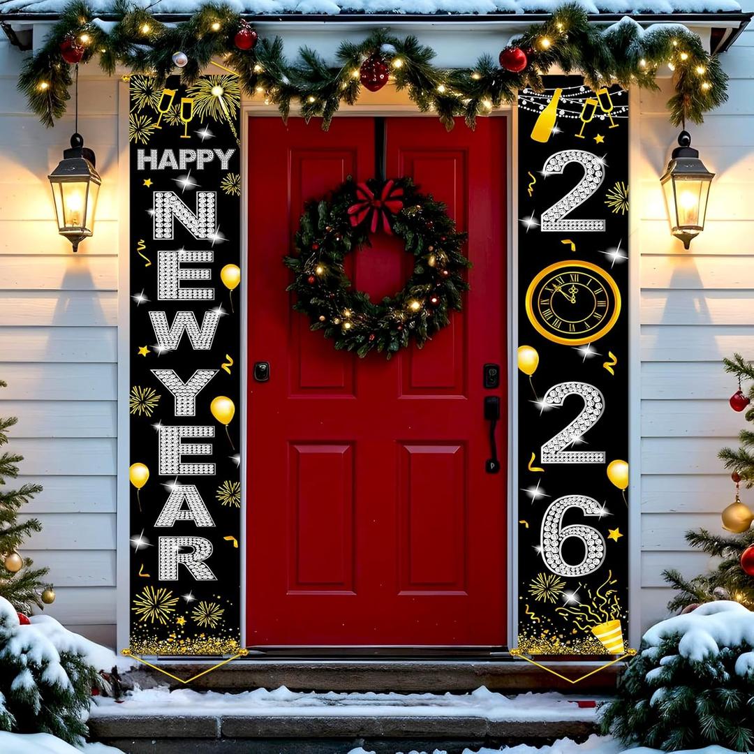 Upgraded, Ideal New Years Eve Party Supplies 2026, 300D Premium New Year Banner, Large 71x12in (with 2pcs Golden hanging rod) (Classic Diamond Style Design) HD Printing, Perfect for NYE Decorations