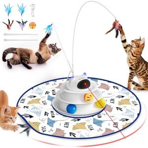 Interactive Cat Toy: 5 in 1 Automatic Cat Toy for Indoor Cats, Rechargeable Hide and Seek Toy with PVC Cover, Battery Operated Kitten Laser Toy, Self Play Fluttering Feather Wand with Track Ball