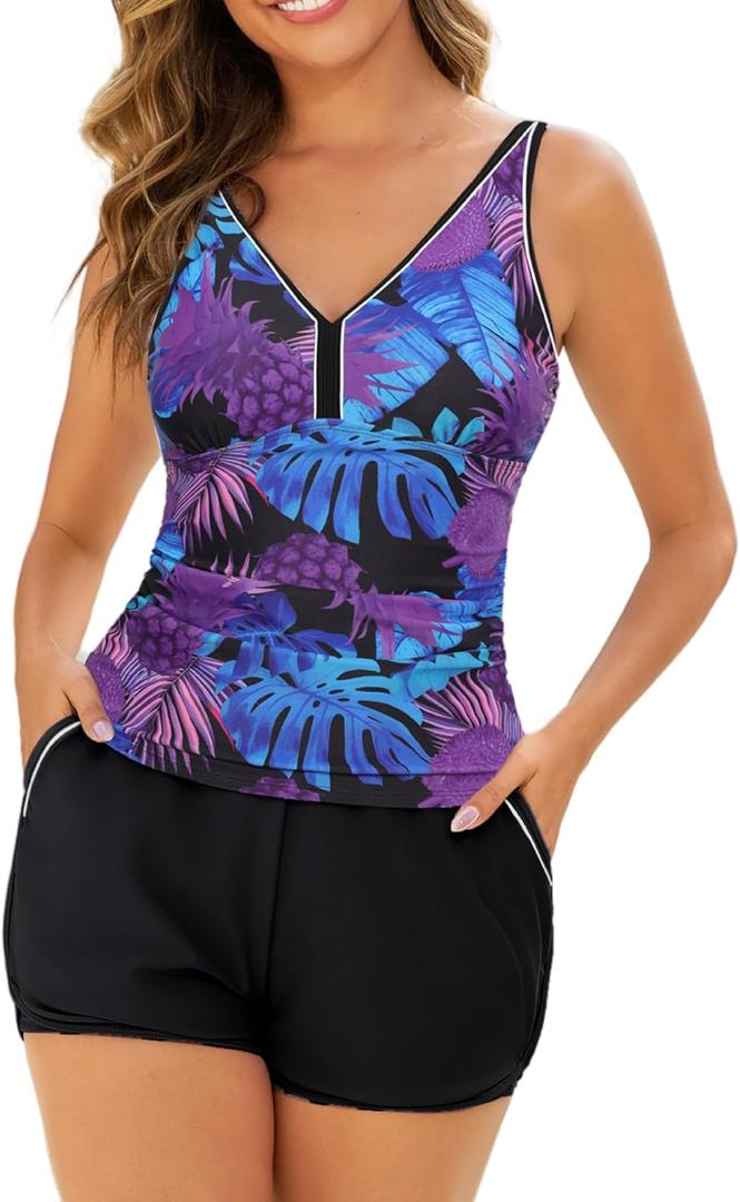 Arolina 2025 Women's Tankini Swimsuits with Pockets Tummy Control Two Piece Bathing Suits with Boy Shorts (Purple Pineapple) M