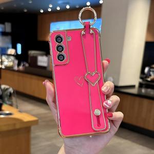 ZTOFERA for Samsung Galaxy S21 5G Case 6.2" with Wrist Strap,Luxury Cute Plating Edge Love Hearts Pattern for Girls Women, Finger Holder Kickstand Soft Shockproof Phone Case,Hot Pink