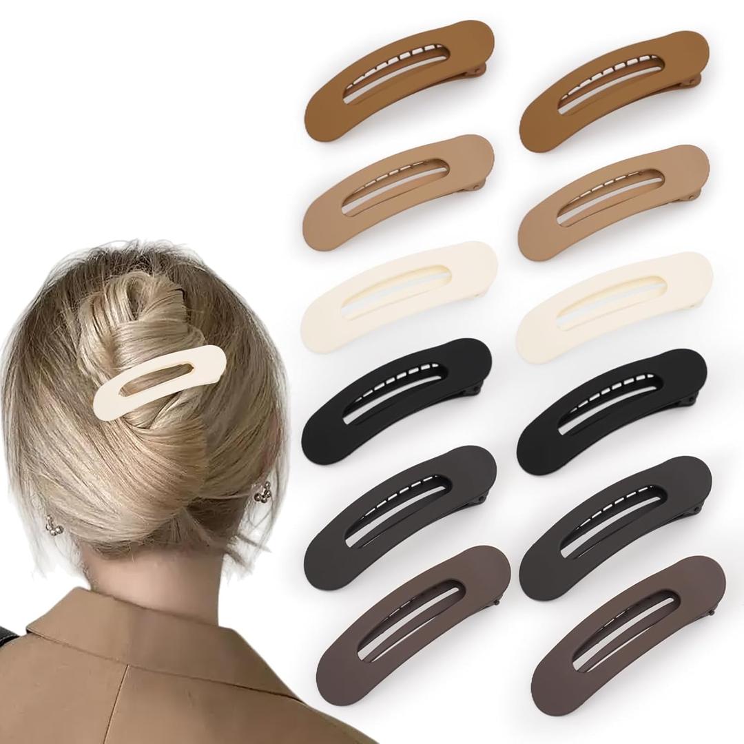 Flat Hair Clips for Women - 12 Pack Matte Non-Slip Flat Claw Clips for Thin Hair, 6 Colors Daily Use Hair Clips Flat Design Comfort Clips