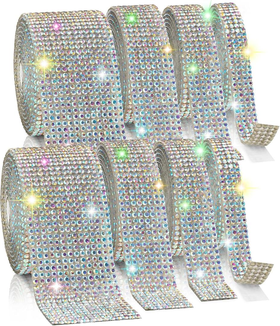 Rhinestone Ribbon Self Adhesive, 8-Yard Bedazzling Strips, 8-Rolls Rhinestone Strips for DIY Craft, Rhinestones for Crafting, Home Decor and Special Events, 4/6/8/14 Rows AB Crystal