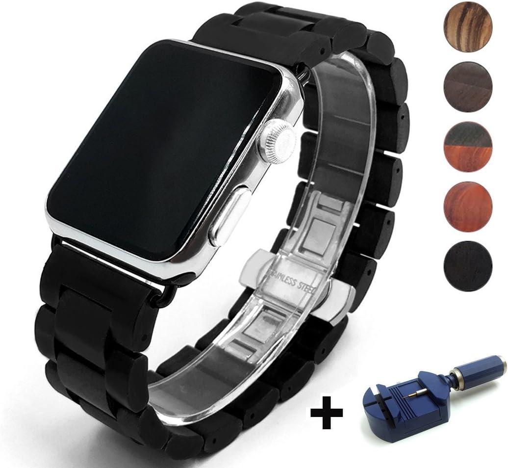 Compatible Apple Watch Band 42mm 44mm, Natural Handmade Wooden Replacement iWatch Series 4 3 2 1 Sports Strap Wristband - Link Remover as a Gift (Black, 42mm/44mm)