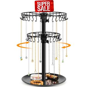 Rotating Necklace Holder Organizer with 62 Hooks, 2-Tier Necklace Stand Jewelry Display for Vendors, Adjustable Necklace Tree Rack Bracelet Keychain Holder for Dresser Top-Black