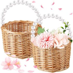Soaoo Set of 2 Flower Girl Basket Wicker Rattan Woven Storage Basket with Pearl Handles Woven Eggs Candy Storage for Wedding Home Garden Valentines Day Decoration