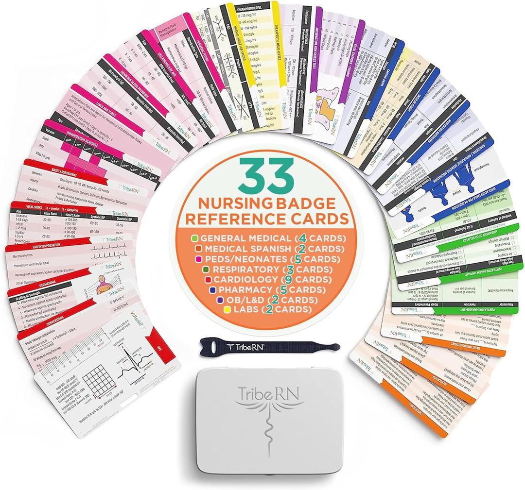 BadgeGuru Nursing Badge Reference Cards - 33 Double Sided Nurse Badge Cards - 66 Cheat Sheets, Nursing School Essentials, Nursing Students, New Nurses (Standard)