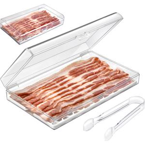 GlossyEnd Bacon Keeper Storage Container with Tong, Deli Meat Storage Container with Perforated Tray for Freshness, Clear Durable Plastic - Dishwasher and Freezer Safe - Size: 11 x 6.5 x 2