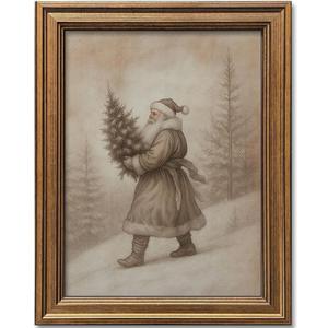 Vintage Christmas Decor Farmhouse Wall Art Gold Framed Rustic Winter Landscape Santa Pictures Painting for Home Living Room Decor (Santa, 20L" x 16W")