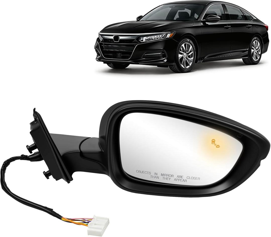 Right Side Door Mirror Compatible with Honda Accord EXL Hybird Touring 2018-2022 equipped with Power Glass, Heated, Blind Spot. Pearl Black 8pins. Replaces HO1321330 76208-TVA-A42
