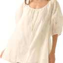Women's Summer Cotton Boho Romper Loose Puff Half Sleeve Front Drawstring Bow Bohemian Casual Mini Jumpsuit(White-XS)