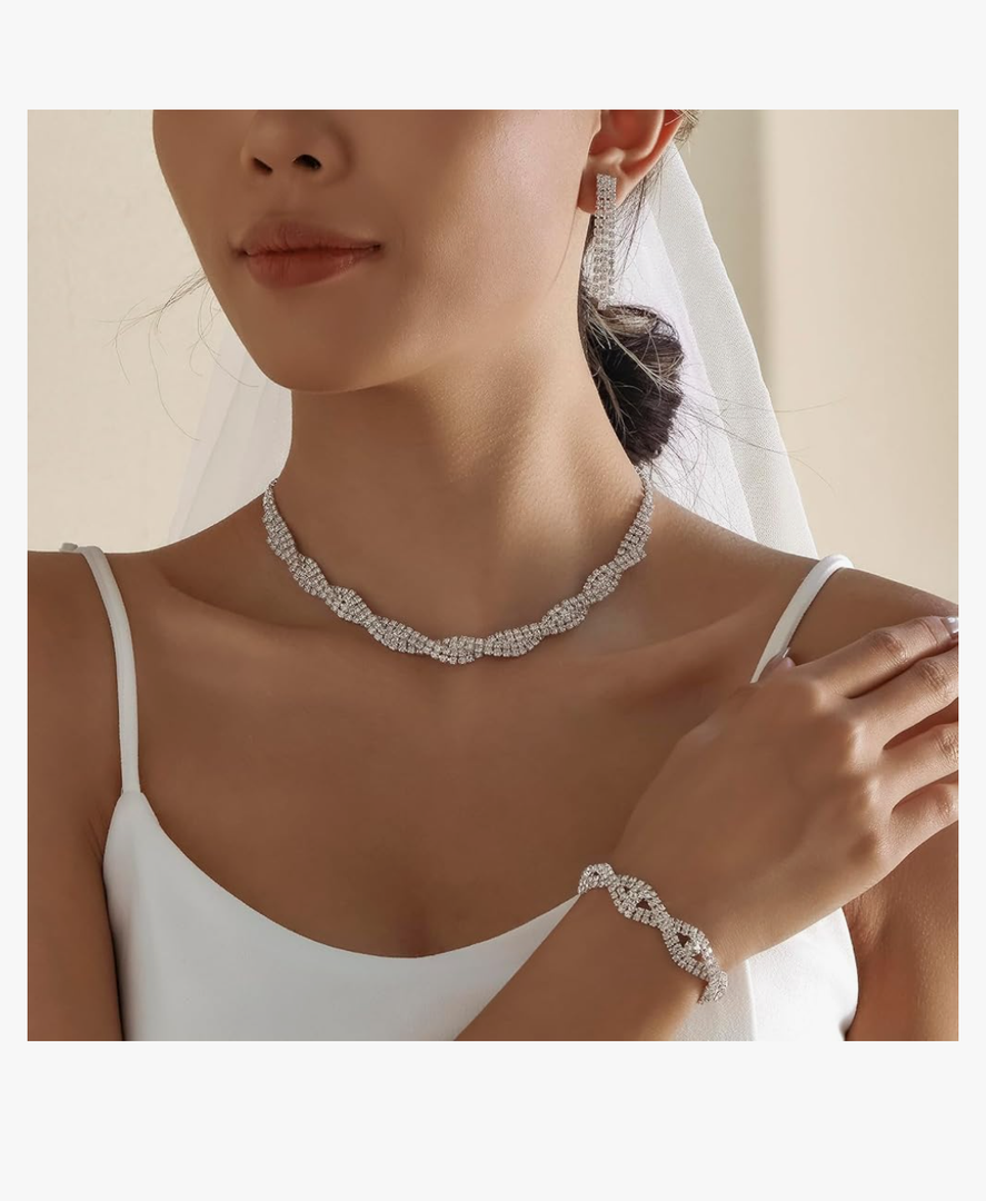 Silver Jewelry Sets for Women Rhinestone Necklace Dangle Earrings Bracelet Set Bridal Wedding Jewelry Sets for Brides Bridesmaid Prom Costume Accessories Jewelry