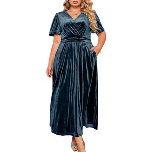 BerryGo Women's Plus Size Wedding Guest Velvet Formal Dress High Waisted Maternity Maxi Dress Short Sleeve V Neck Slit Dress (XX-Large Plus, Grey Blue)