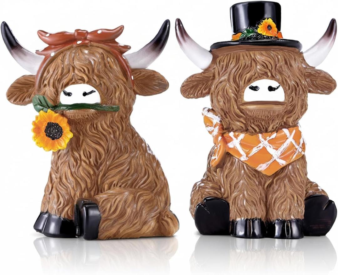 Simgoing 2 Pack Highland Cow Figurines Sunflower Highland Cow Gnomes Statues Decoration for Home Farmhouse Tabletop Centerpieces Calf Lovers Gifts for Garden Tiered Tray Home Decor