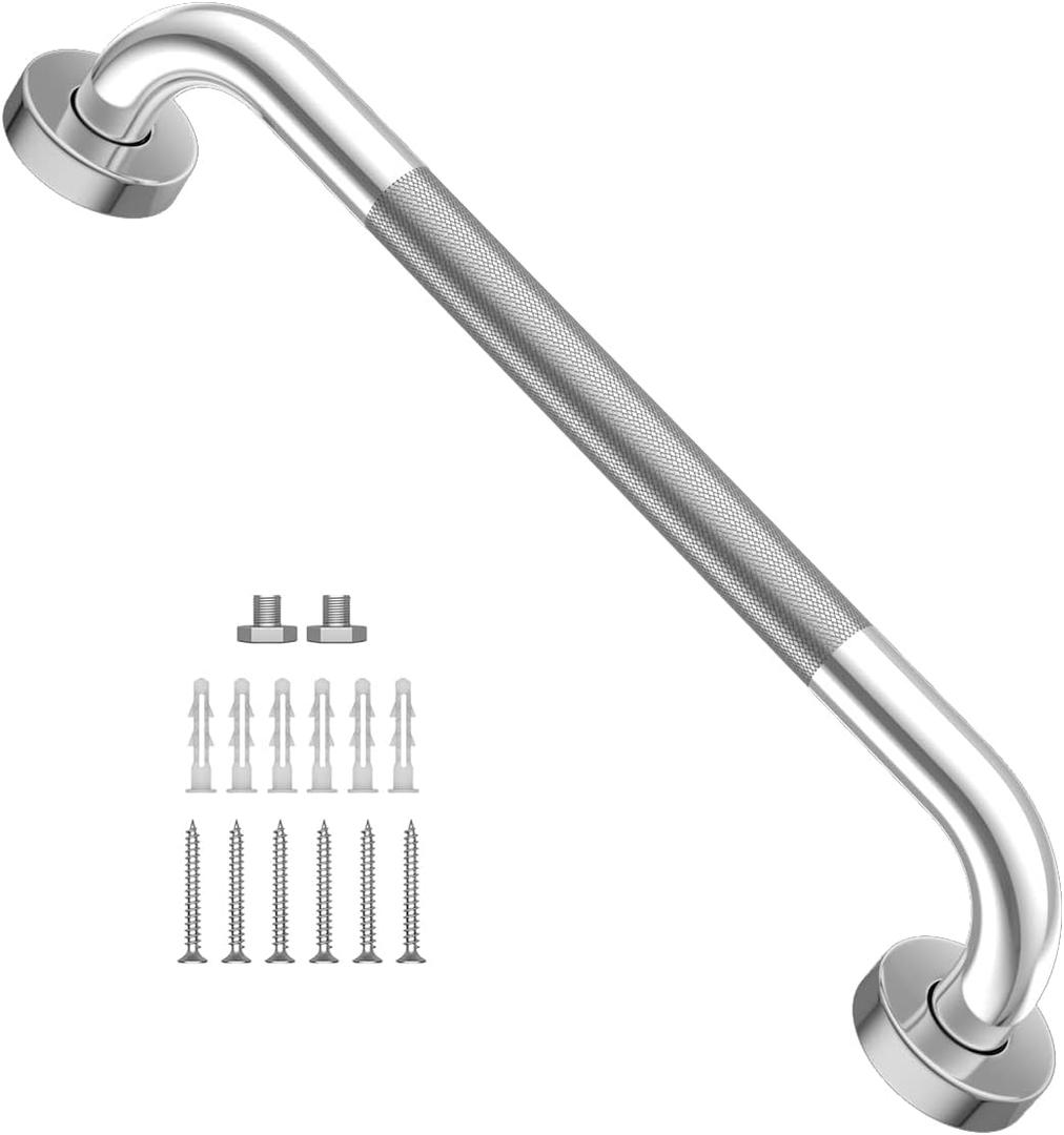 16 Inch Anti Slip Shower Grab Bar, YuanDe Chrome Finish Stainless Steel Bath Grab Bar, Knurled Bathroom Safety Rail, Shower Handrail Support, Handicap Elderly Injury Senior Balance Assist Handles