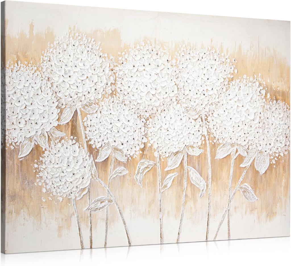 Arborus Wall Art Hydrangea Flower Large Canvas Oil Painting Hand Painted White Floral Pictures Aesthetic Botanical Artwork for Living Room Bedroom Hotel Decoration, 29.5" x 39.4"