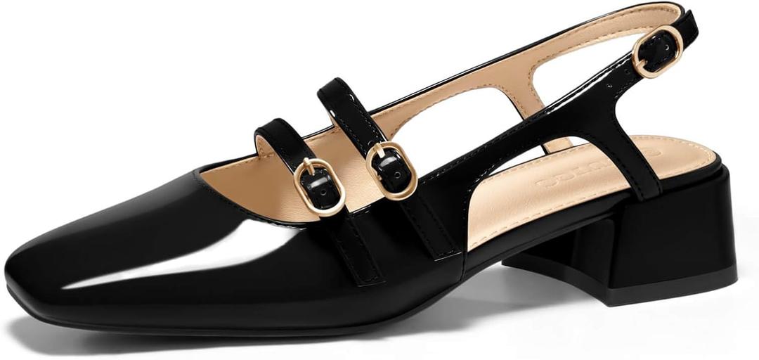 Coutgo Women's Mary Jane Chunky Low Heels Slingback Pumps Closed Square Toe Wedding Dress Shoes (8.5, Black)