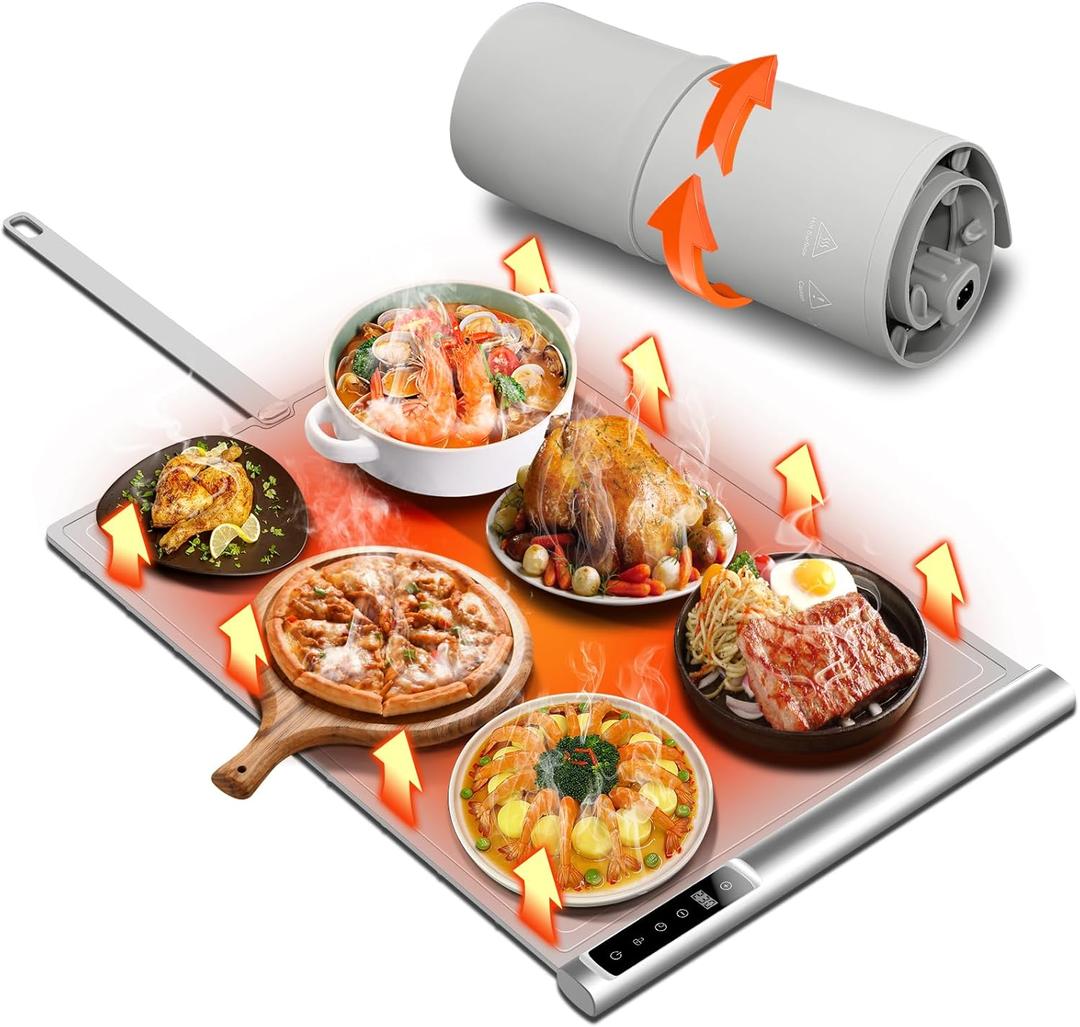 Food Warming Mat | Max Temp 248℉, Electric Warming Tray with Timer and 8-Level Adjustable, Fast Full-Surface Heating Mat for Food with Child Lock, Roll-Up & Portable Silicone Food Warmer for Buffet Party