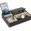 Mens Valet Tray Organizer, Mens Jewelry Box, Nightstand Organizer with 5 Compartments, Dresser Faux Leather Storage Box for Wallet, Phone, Keys (Black)
