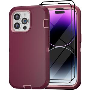 for iPhone 14 Pro Max Case 6.7" with 2 Screen Protector, Full Body Heavy Duty Military Grade Cover, Shockproof/Drop Proof Protection Phone Case (Wine Pink)