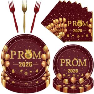 Prom Graduation Decorations 2026 - 96 Pcs 2026 Graduation Decorations Party Supplies, Red Golden Plates Napkins Forks Tableware Set for Prom Table Decor, Graduate Party Decor 24 Guests