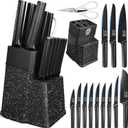 XYJ Knife Block Set, Kitchen Knives Set with Holder, Professional Japanese Chef Knife Set with Non-slip Ergonomic Handle, Stainless Steel Paring Slicing Bread Chefs Knives (15 in 1, Black)
