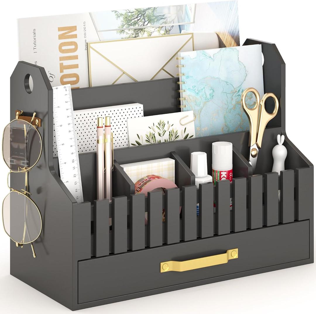 Bamboo Mail Organizer Countertop with Drawers, Wood Desk File Organizer Desktop Paper Organization Storage Bill & Letter Sorter Holder for School Home Office Supplies, No Assembly Required (Black)