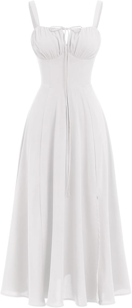 Women's Spaghetti Strap Dress Floral Corset Gown Inspired Dresses Midi Vintage Flowy A Line Skirt for Evening Cocktail Party and Holidays Casual Sundress White, Large