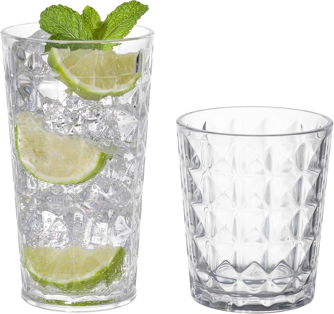 KLIFA- CUPID- 16 & 21 ounce, Set of 8, Acrylic Drinking Glasses, Tumbler Highball Glass Set, BPA-Free, Stackable Plastic Drinkware, Dishwasher Safe, Clear