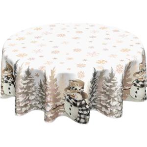 Gold Christmas Tablecloth Round 60 Inch Winter Snowman Snowflake Table Cloth Farmhouse Merry Christmas Table Cover for Kitchen Dinner Room Holiday Party Indoor Outdoor Home Winter Decor