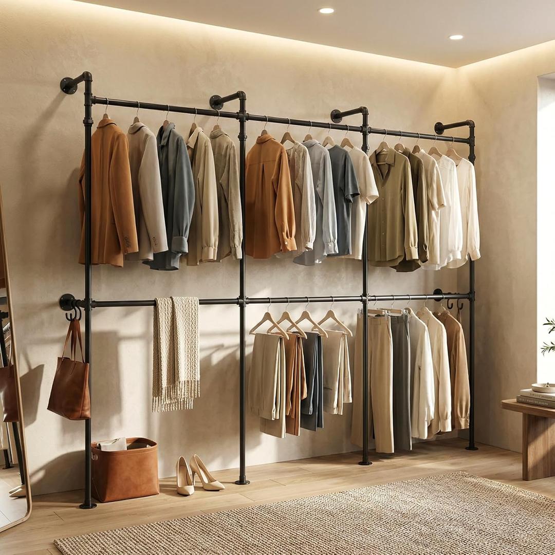 Kryonix Heavy Duty Wall Mounted Closet System, Industrial Pipe Clothing Rack with 6 Hanging Rods, 960LBS Capacity, Space Saving Garment Rack for Walk in Closet Bedroom, Black