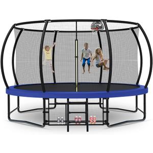 Tatub Large Trampolines Outdoor 10 12 14 15 16FT for Kids and Adults,Outdoor Recreational Pumpkin Trampolines with Curved Poles and Safety Enclosure Net, Basketball Hoop, Ladder