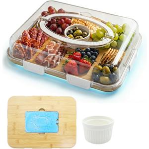 Charcuterie Board with Lid & Ice, Upgraded 6 Snap Laches, Sauce Cup Included, Large Portable Cheese Tray with Handle, Serving Tray for Picnic & Pool, House Warming Gifts New Home (White)